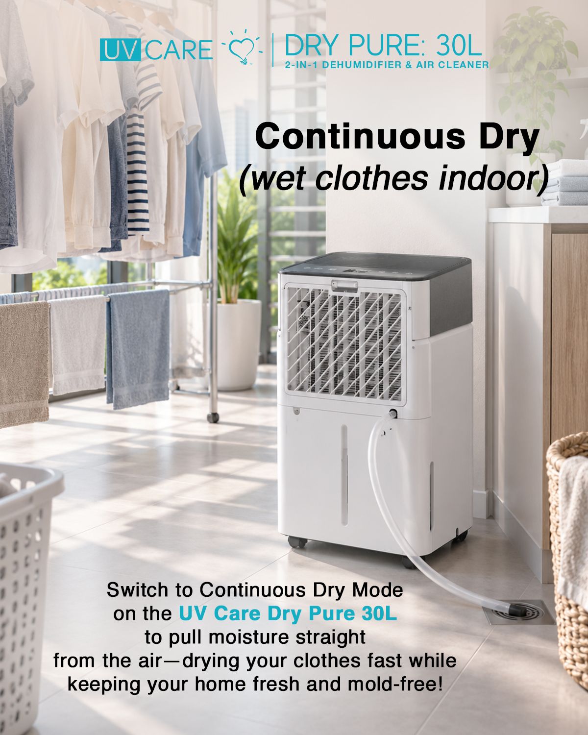 Continuous Dry mode for drying clothes indoors